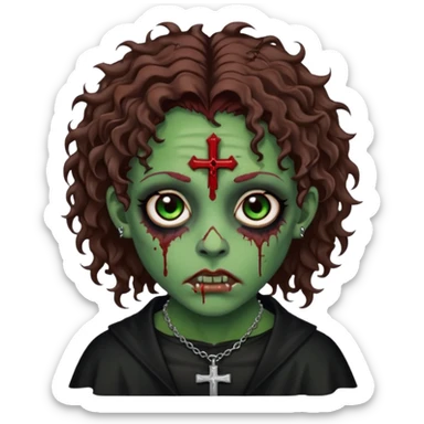 Zumbi verde com olhos castanhos aspecto de que tá sangrando, com cabelo castanho cacheado um piercing do lado esquerdo do nariz, roupa preta e crucifixo como colar, e também delineador  sticker