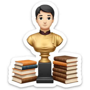 Minimalistic flat vector icon, iOS style, thin black contour on white background. Bust statue on a small pedestal next to a stack of books, symbolizing classic literature. Clean, no text, no shadows sticker