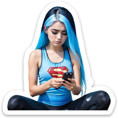 Shameful disappointed crying-very very very very big chest-texting on a samsung cell phone-very long straight flowing black to sky blue hair ombre-blue eyes-black eyeliner-long eyelashes-plastic sparkling sky blue very low cut tank top with sparkling superman logo-black leggings-nike sneakers sticker