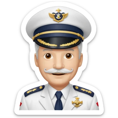 A light-skinned mid-aged man with brown eyes and white mustache, smiling while wearing a white captain’s hat with a navy emblem. sticker