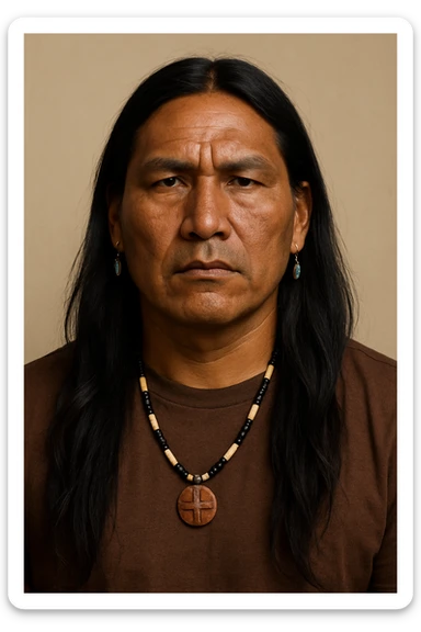 Native Indigenous man with long black hair and brown skin, serious expression, subtle cultural jewelry, plain background sticker