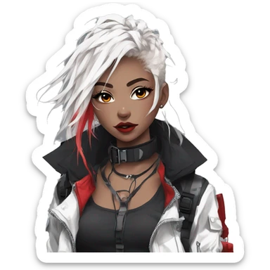 Gorgeous techwear anime style lady with blushing face aesthetic and pretty edgy black red white punk messy hair with collar and harness trending style sticker