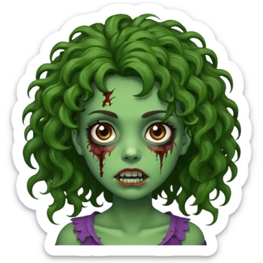 Faça uma garota zombie de cabelo cacheado castanho, olhos castanhos escuro e pele verde d zombie, com o cabelo grande sticker