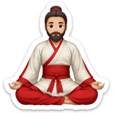 Beautiful man with lightly tan skin and dark long beard, long hair in bun, in white and red Hanfu sitting on the ground sticker