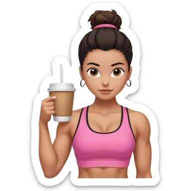 Caramel skinned toned female with a black messy bun for hair. Her eyes are a coffee color brown and almond shaped. She’s wearing a pink sports bra and showing off her flexed muscular toned biceps. sticker
