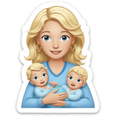 Wavy blonde, white woman with blue eyes, freckles hoop earrings, holding babies smiling and really cute in gold hoops she needs to be holding three newborns, and she needs to be more cute than pretty sticker