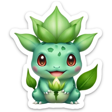 Bulbasaur with a green, unopened plant bulb with layered petals, resembling a lily bud on back sticker