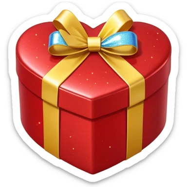 Cute kawaii sparkly shiny glossy romantic aesthetic Heart-shaped red gift box present with yellow wrapping sticker