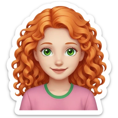 smiling pale girl with long curly orange hair, green eyes, pink shirt sticker