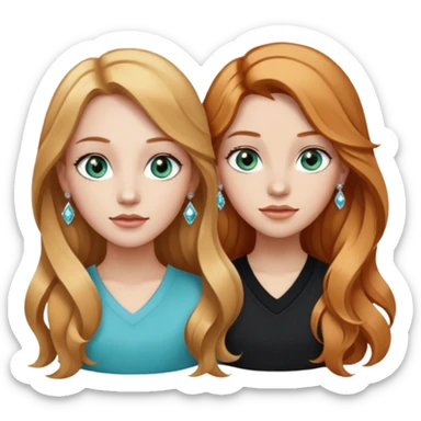 two girls top halfs, one with long wavy strawberry blonde hair and greenish blue eyes, white diamond earrings and wearing white, the other with straight black long hair, brown eyes, silver earrings and wearing black sticker