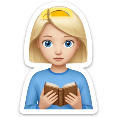 girl with blonde hair and blue eys with heands telling what  sticker