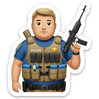 A fat police man with who is retarded, with a armor vest that has a name tape that says Keller and an m4 rifle sticker