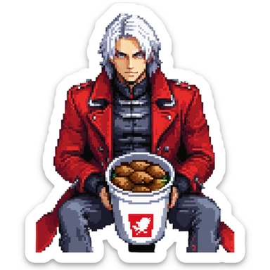 Dante from Devil May Cry sitting in a KFC bucket, red coat, white hair, rebellion sword sticker