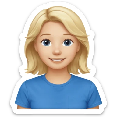 Happy blond girl with light weavy hair with a blue shirt but we can see only her face and neck and the top of the t shirt, no whole body sticker