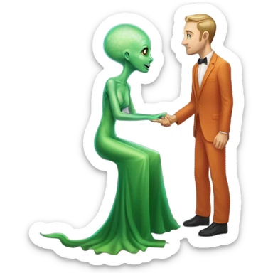 alien reptilian green skin woman, long slim pastel orange formal party satin dress with gradient shiny sparkling dark red, and caucasian man in black dres on his knees asks her to marry her sticker