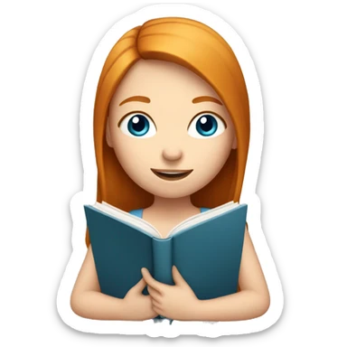 Ginger girl with straight hair and blue eyes reading sticker