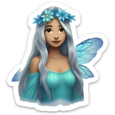 Beautiful, flower, fairy, blue, turqoise, silver, navy, long hair, big wings sticker