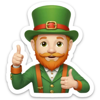 leprechaun looking up, and giving a thumbs up. on his left hand, he is holding his waist. change the hat band with orange band and a red belt. change the facial hair to white. on his mouth, he is smoking a red pipe. the pipe is on his lip. sticker