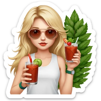 girl with long blond messy hair
with blue eyes
and aviator sunglasses
wearing white tank top 
holding bloody mary
wearing (rose gold apple watch with forest green band) sticker