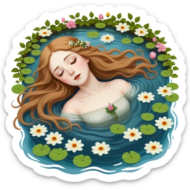 Ophelia floating in water surrounded by flowers, based on the famous painting by John Everett Millais sticker