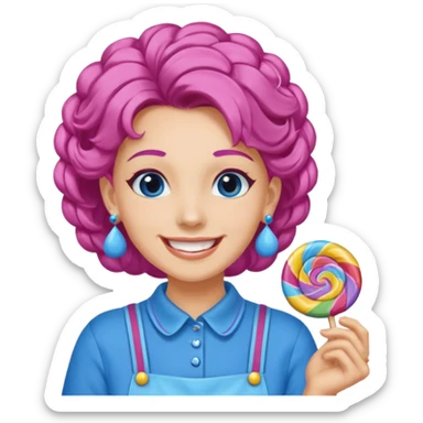 candy shop vendor, looking like candy with candy earrings and candy hair with big smile and blue sticker