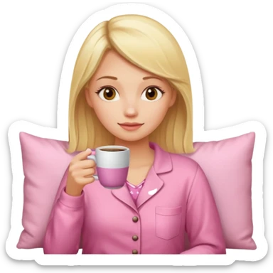 A blonde woman in pink pajamas wakes up to drink coffee. sticker