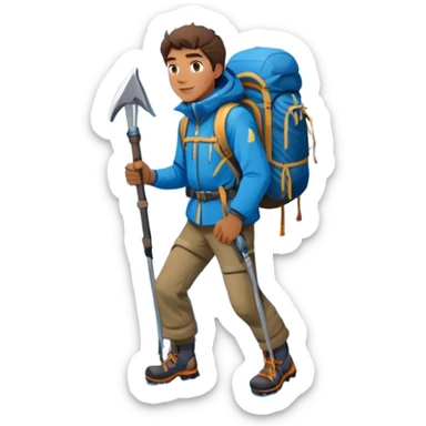 Icon for Mountain Tourism and Climbing: a mountain peak in the background, with a hiker carrying a backpack, an ice axe, and wearing climbing gear. The icon should capture the adventure and challenge of alpine exploration. Transparent background. sticker