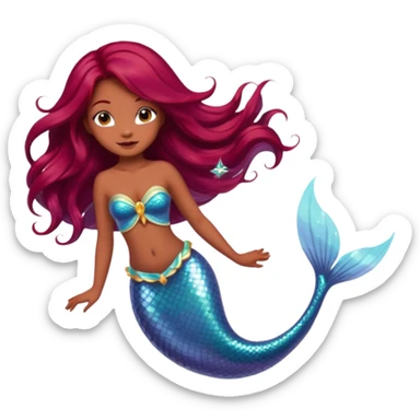 mermaid fairy hybrid, long flowy red burgundy hair, medium brown skin, sparkling tail sticker