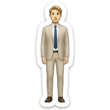 white guy in beige suit with brown hair and white shoes and a white gray pants sticker