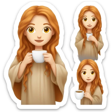 A pretty white girl with very long ginger hair  in a beige blanket sipping coffee sticker