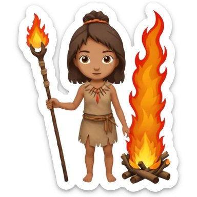 ancient girl, tattered animal skin cloth, hold fire stick sticker