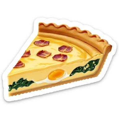 single slice of golden-brown quiche with visible flaky crust, creamy egg filling, toppings like bacon bits, cheese, or spinach, surface lightly puffed and glossy, slightly browned edges, smooth custardy texture inside, soft lighting, subtle shadows, emoji scale sticker