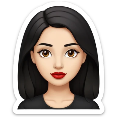 Confident young woman with oval face, elegant features, dark brown eyes, arched eyebrows, red lipstick, light brown skin, long black hair, wearing a black top sticker