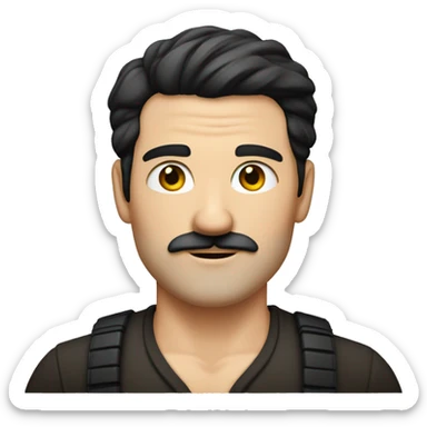 white German man with black hair, the sides and back almost shaved off and the top longish and parted. he also has a stubby mustache sticker