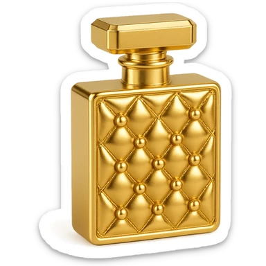 Chanel-inspired perfume bottle, metallic gold, quilted pattern, pearls, sophisticated and glamorous sticker