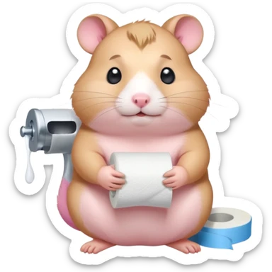 Cute chubby cartoon-style hamster sitting on toilet holding toilet paper looking as if he had an accident, sticker-style illustration sticker