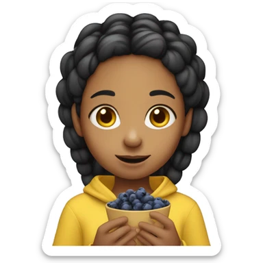 Girl wearing yellow hoodie with black hair braids eating blueberries. She is not black or white she is south Asian so light brown sticker