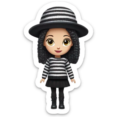Bouclé Beauty Barbie, Wednesday Addams from academy, in dark-gray and black striped sweater with cute hat  sticker