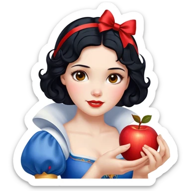 Cinematic Realistic Snow White Portrait, depicted with lifelike skin texture, soft natural lighting, and intricately detailed black hair styled with a red ribbon. Her soft brown eyes radiate innocence and kindness, complemented by a warm, gentle smile. She holds an apple in one hand, her other hand resting against her cheek, embodying her purity and charm. She is dressed in her classic yellow, blue, and red gown, the fabric rich in texture with delicate folds that catch the light beautifully. The portrait features a soft, natural glow with a radiant finish, capturing the essence of timeless beauty in a realistic and painterly style. sticker