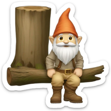 side view of gnome with light tan pants and light tan boots squatting in front of small brown log sticker