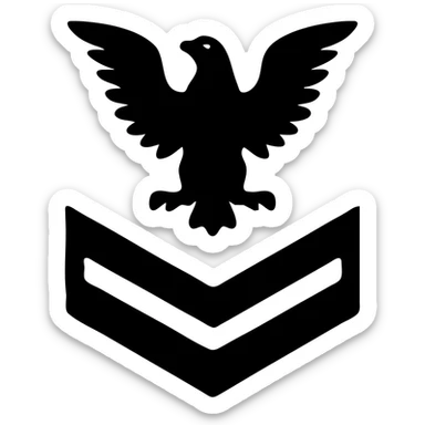 U.S. Navy E-2 insignia, gold eagle perched on a chevron with two gold stripes, blue background, military badge style sticker