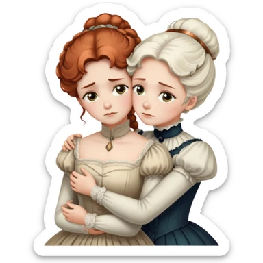 Two Victorian women with light eyes in a sad intimate hug, one with white coiffed hair and one with copper coiffed hair, wearing Victorian high-neck dresses, embracing tightly sticker
