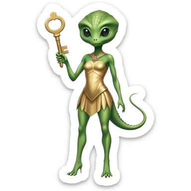 a reptilian alien woman full body, in gold dress, hold big key sticker