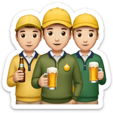16 men on a golf trip wearing yellow golf caps all holding a beer can with a Xmas style label. Has to be 16 of them. sticker