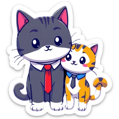 happy girl cat with eyelashes wearing a colorful necktie and happy boy cat wearing a professional necktie standing together and holding paws, both with loving expressions sticker
