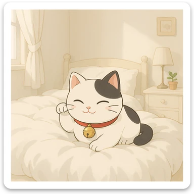 White and black Chinese lucky cat in a cozy on a soft puffy white duvet covered bed in bright white and clean girl aesthetic bedroom, kawaii  sticker