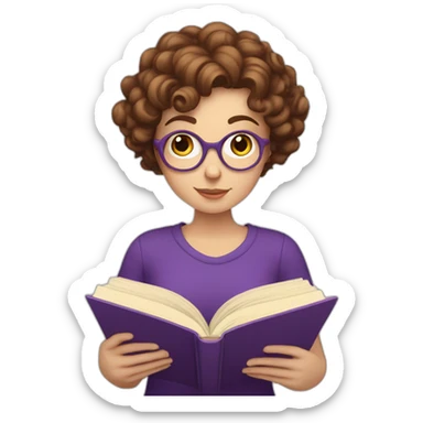 white girl with really short brown curly hair reading a purple book sticker