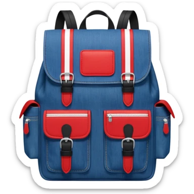 Minimalist emoji-style icon of a stylish blue denim backpack with a flap top, two vertical black buckle straps, a large red-white-navy horizontal block in the center, and two zipper side pockets. Inspired by Tommy Jeans design. Front view, cartoon-like, clean design.

 sticker
