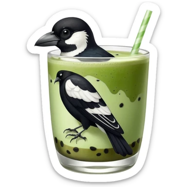  ONE Australien Magpie (just black and white feathers) sitting on an iced matcha latte on the edge of the glass. magpie has green matcha on its beak. matxha latte is in a see through glass and white from the oat milk on the bottom and green without seeds on top… one straw & ice cubes sticker