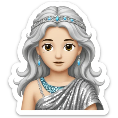 Diana from Roman Deities with long silver wavy hair, silver sequin toga sticker